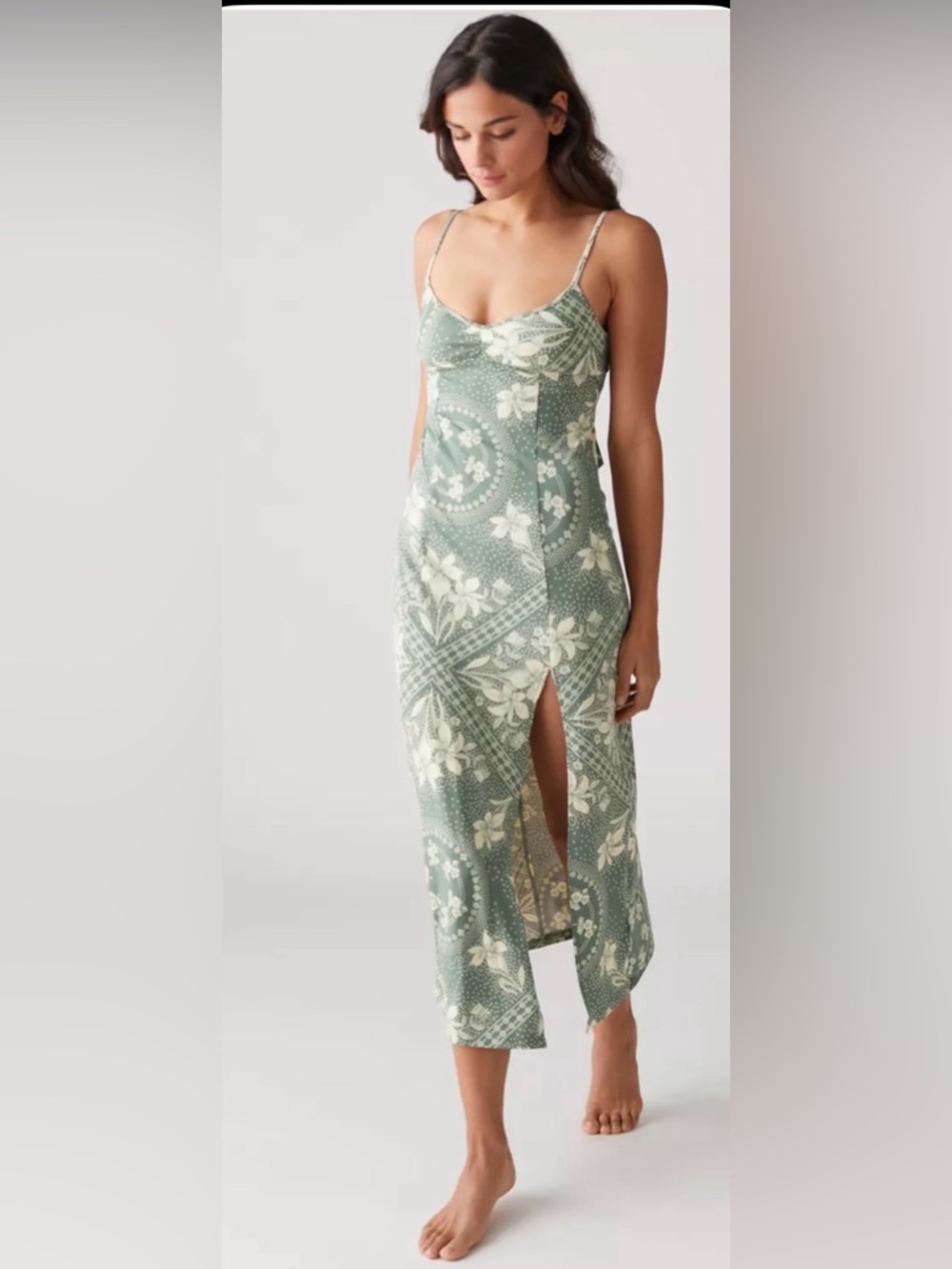 Urban Outfitters Arna Floral Midi Slip Dress Sage Green Tie Back Slit Size M - Picture 2 of 8